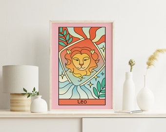 Digital Download Leo Star Sign Poster, Zodiac Print, Astrology Art, Wall Art, Pink Prints, A2, A3, A4
