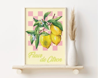 Fleur di Citron Print, Lemon Art, A2, A3, A4, Colourful Art, Pink Prints, Wall Art, checkerboard print, Kitchen Prints