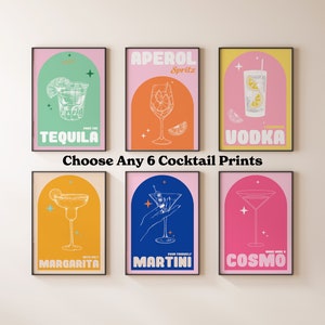 Elija su propio conjunto de impresión de cócteles, conjunto de 6 conjuntos de pared de galería, impresiones de bares, bar en casa, carteles de bebidas, Aperol Spritz, Margarita Art