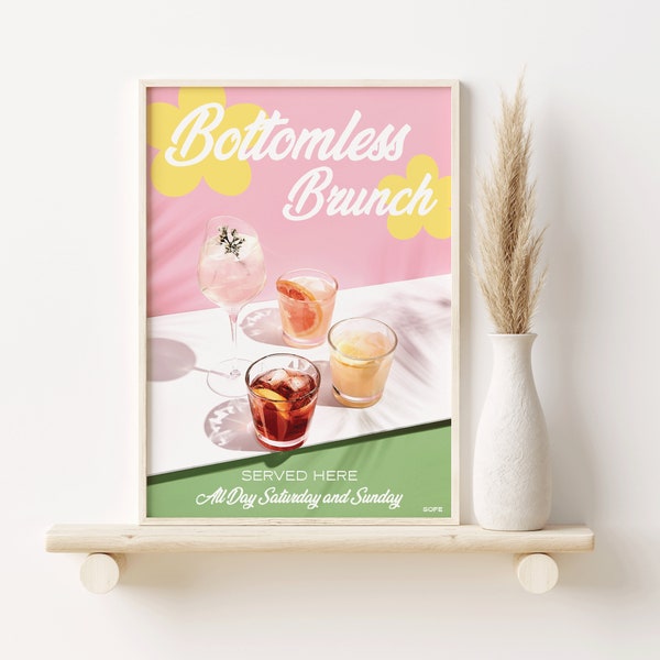 Bottomless Brunch Cocktail Print, Cocktail Drink A2, A3, A4, Colourful Art, Bar Prints, Wall Art, Wall Decor