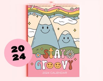 2024 NUOVO calendario Stay Groovy, calendario colorato, calendario sospeso 12 mesi, agenda giornaliera, calendario A4, organizzatore di date, per lei, organizzatore