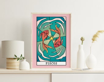 Digital Download Pisces Star Sign Poster, Zodiac Print, Astrology Art, Wall Art, Pink Prints, A2, A3, A4