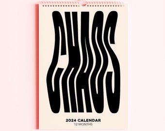 Calendrier du chaos 2024 monochrome, planificateur mural, calendrier suspendu de 12 mois, planificateur, calendrier A4, organisateur de dates, cadeaux pour la maison, impression du chaos