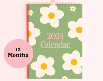 2024 Green Flower Power Calendar, 12 Month Hanging Calendar, Floral Prints, Daily Planner, A4 Calendar, Date Organiser, Gifts for Her