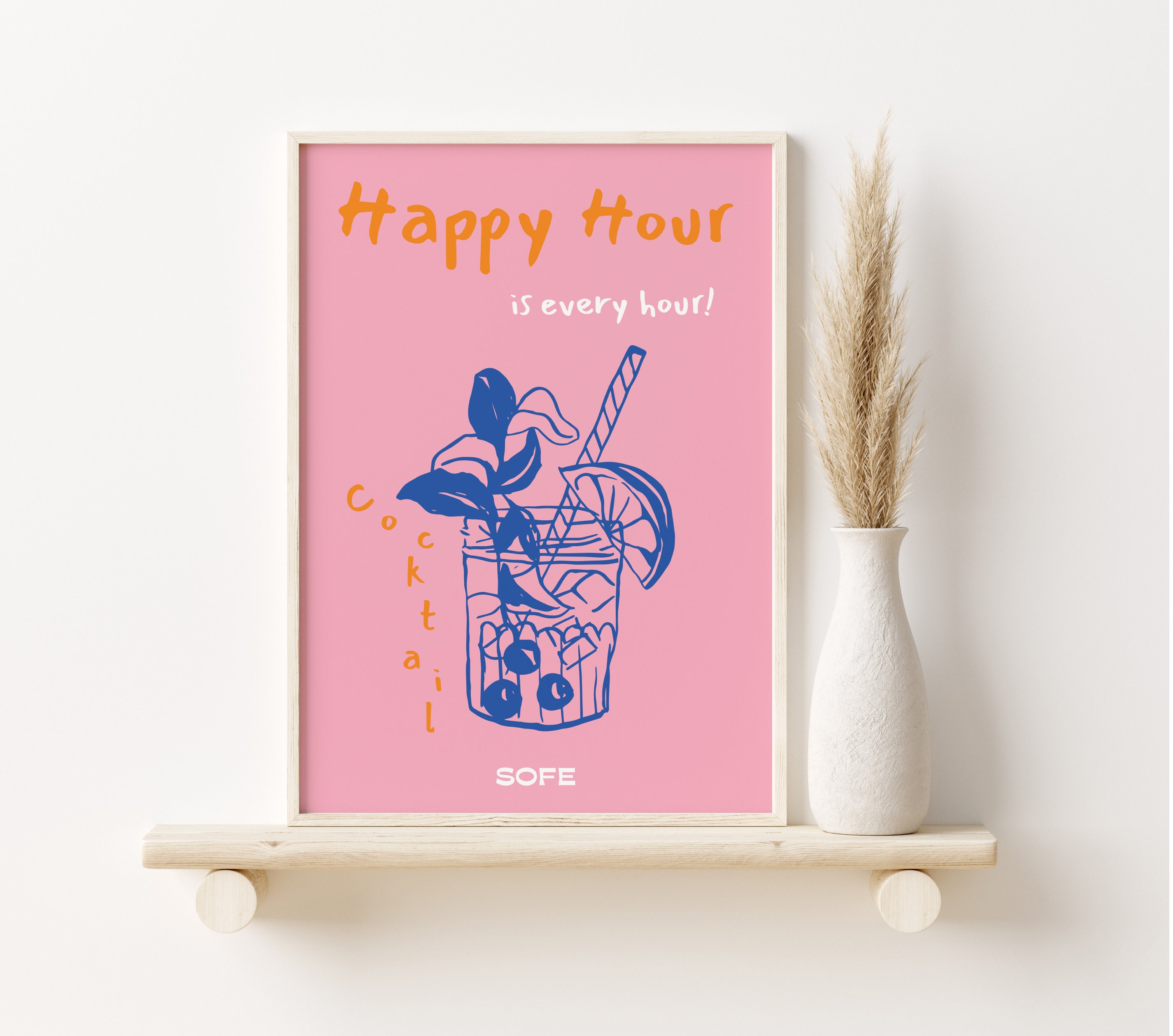 Happy Hour Pink Poster, Cocktail Etsy Art, Wall Pink - Wall Bar Decor Prints, Cocktail Print, Art