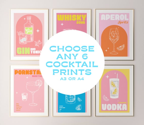 Set of 6 Coffee and Cocktail Gallery Wall Set, Colorful Bar Cart Prints, 6  Piece Wall Art, Bar Cart Accessories, Printable Wall Set 