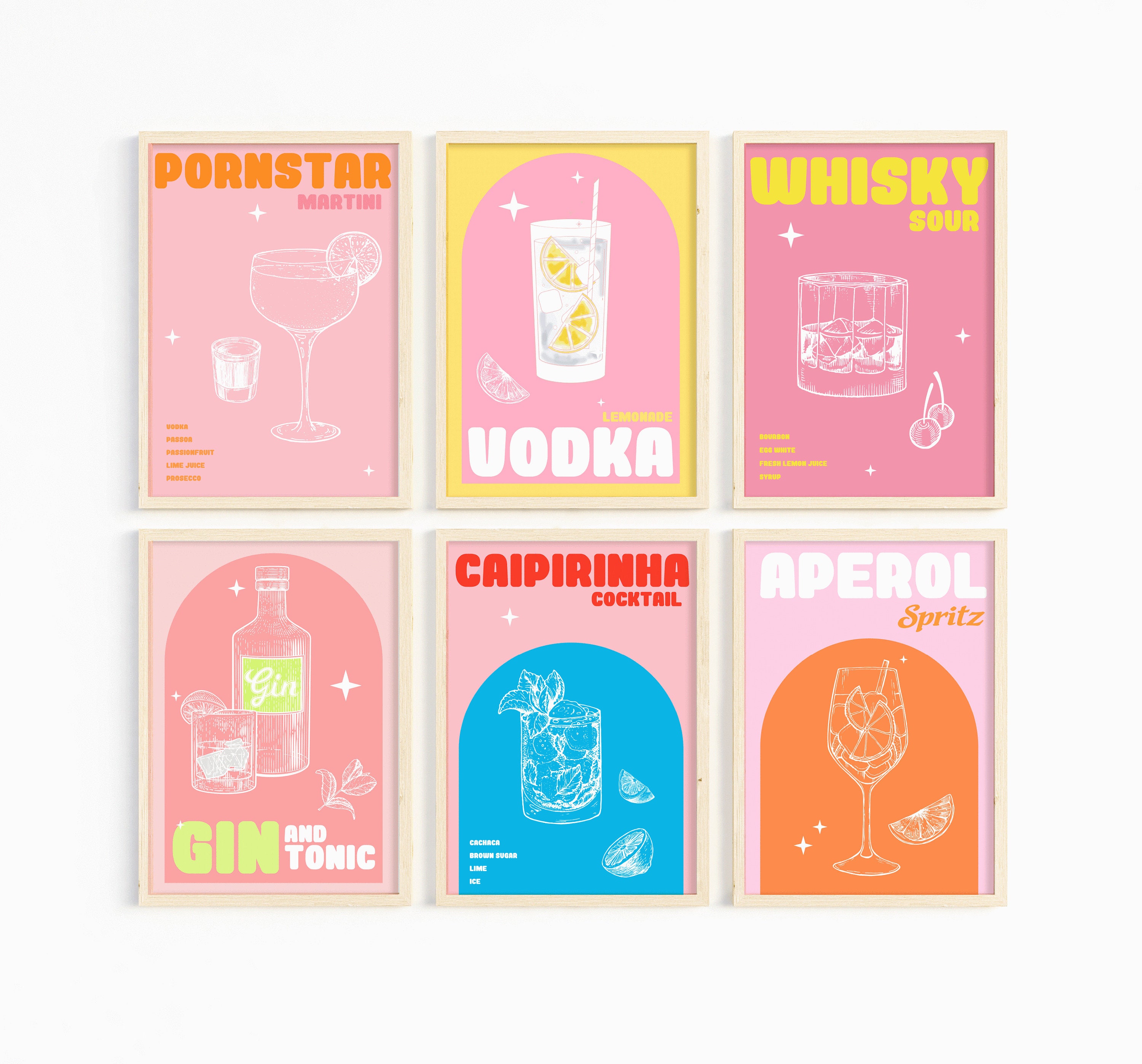 Cocktail Drink Print Set A3 A4 Set of 6 Colourful Art Bar Etsy