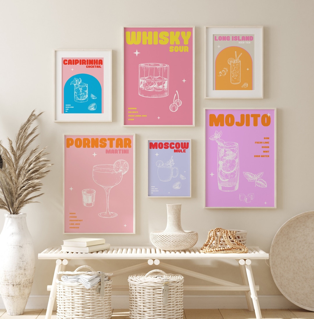 printable kitchen prints wall art, set of 6, hand... Cocktail Drink Print Set, Gallery Wall Set, A3, A4, Set of 6, Colourful ...