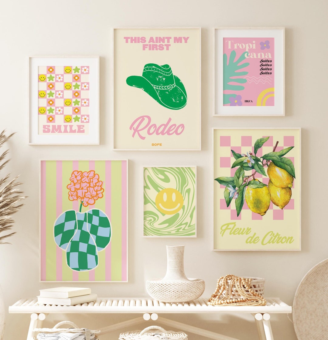 Pink & Green Gallery Wall Set of 6, Colourful Art, Trendy Prints, Wall ...