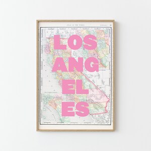 LA Los Angeles Vintage Map Print, Wall Art, A3, A4, Colorful Art, City Prints, Pink Prints, Trendy Poster, USA Wall Art Print, Decor