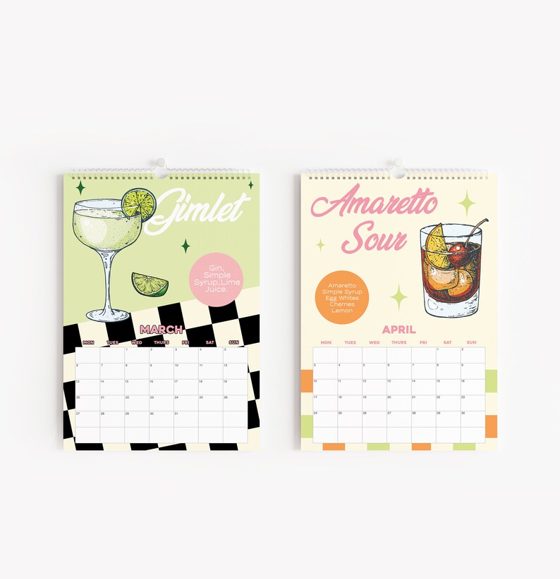 2023 Pink Cocktail Calendar 12 Month Hanging Calendar Etsy