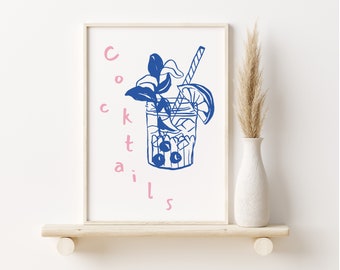 Cocktail Poster, Cocktail Print, Bar Art, Cocktail Wall Art, Pink Prints, Minimalist, Wall Decor