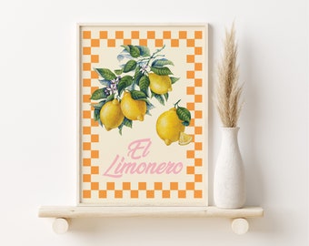 El Limonero Print, Lemon Art, A2, A3, A4, Colourful Art, Pink Prints, Wall Art, Checkerboard print, Kitchen Prints