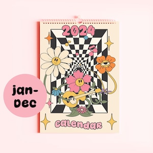 2024 Groovy Pink Calendar, 12 Month Hanging Calendar, Daily Planner, A4 Calendar, Date Organiser, Gifts for Her, Organiser image 1