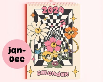2024 Groovy Pink Calendar, 12 Month Hanging Calendar, Daily Planner, A4 Calendar, Date Organiser, Gifts for Her, Organiser