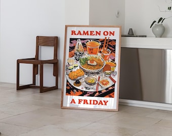Ramen on a Friday Print, Sushi Poster, Food & Drink Print, Colourful Kitchen Wall Art, Home Decor, Kitchen Artwork, Japanese Wall Art