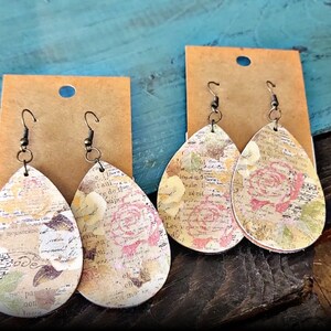 Vintage Floral Teardrop Decoupage Wood Earrings