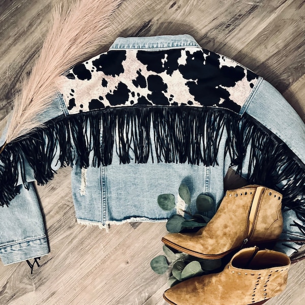 Fringe Cow Print Jean Jacket