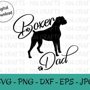 Puede incluir: Silueta en blanco y negro de un perro Boxer con el texto "Boxer Dad" en letra cursiva. El texto incluye una huella de pata.
