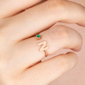 Custom Initial with Birthstone Ring - Personalized Letter Ring - Mom Ring - Birthday Gifts for Her - Tiny Ring - Birthstone Rings * J003