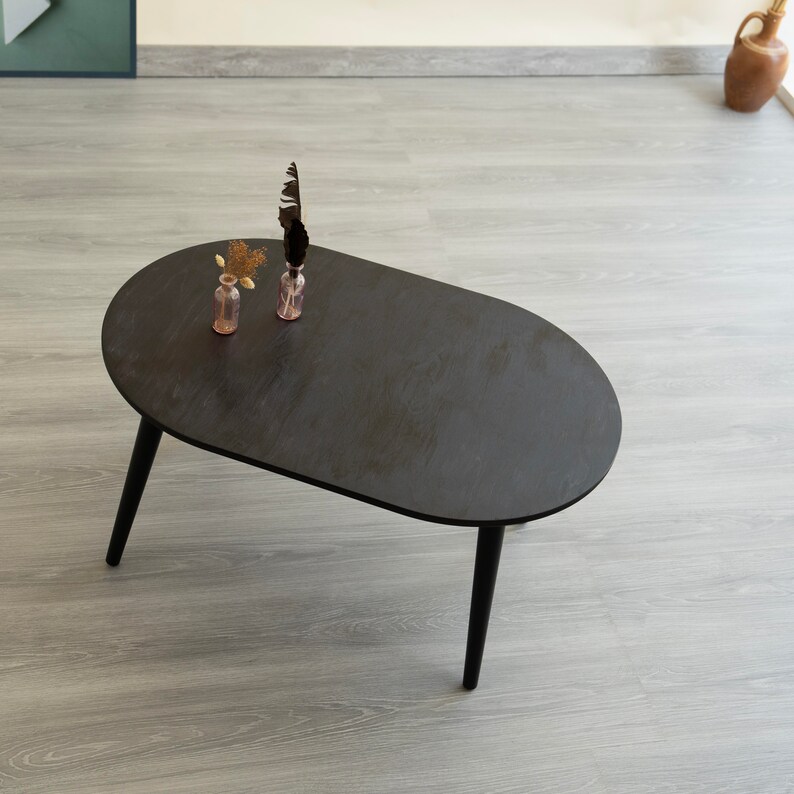 Walnut Color Modern Wooden Small Coffee Table, Oval Coffee Table, Mid