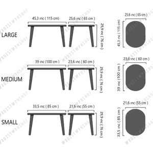 May include: Diagram showing three sizes of a modern coffee table. The large table is 115 cm long, the medium is 100 cm, and the small is 85 cm. Each table is 76 cm high. The diagram also shows the width of each table.