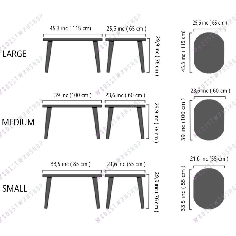 May include: Diagram showing three sizes of a modern coffee table. The large table is 115 cm long, the medium is 100 cm, and the small is 85 cm. Each table is 76 cm high. The diagram also shows the width of each table.