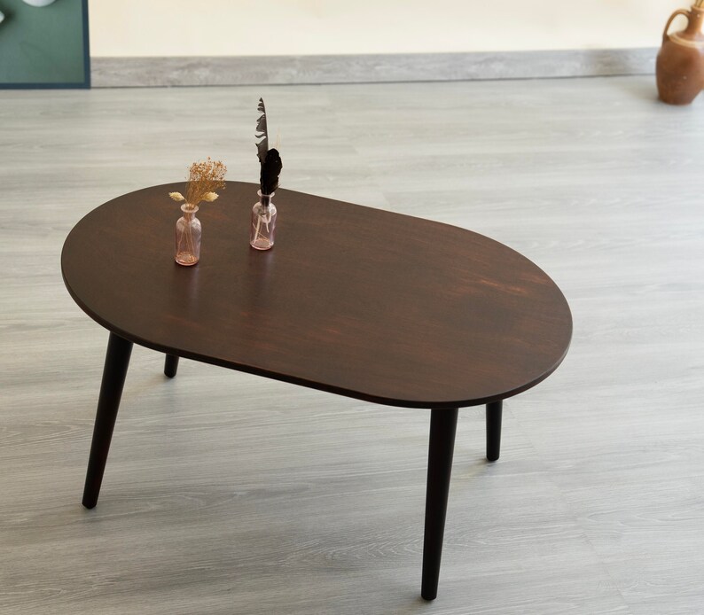 Walnut Color Modern Wooden Small Coffee Table, Oval Coffee Table, Mid