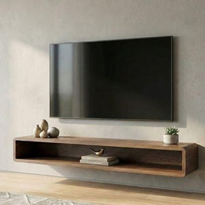 May include: A rectangular, wall-mounted wooden media console with rounded edges. The console features an open shelf containing a small metallic bird figurine, two stacked books, and a small potted succulent plant on the top surface.