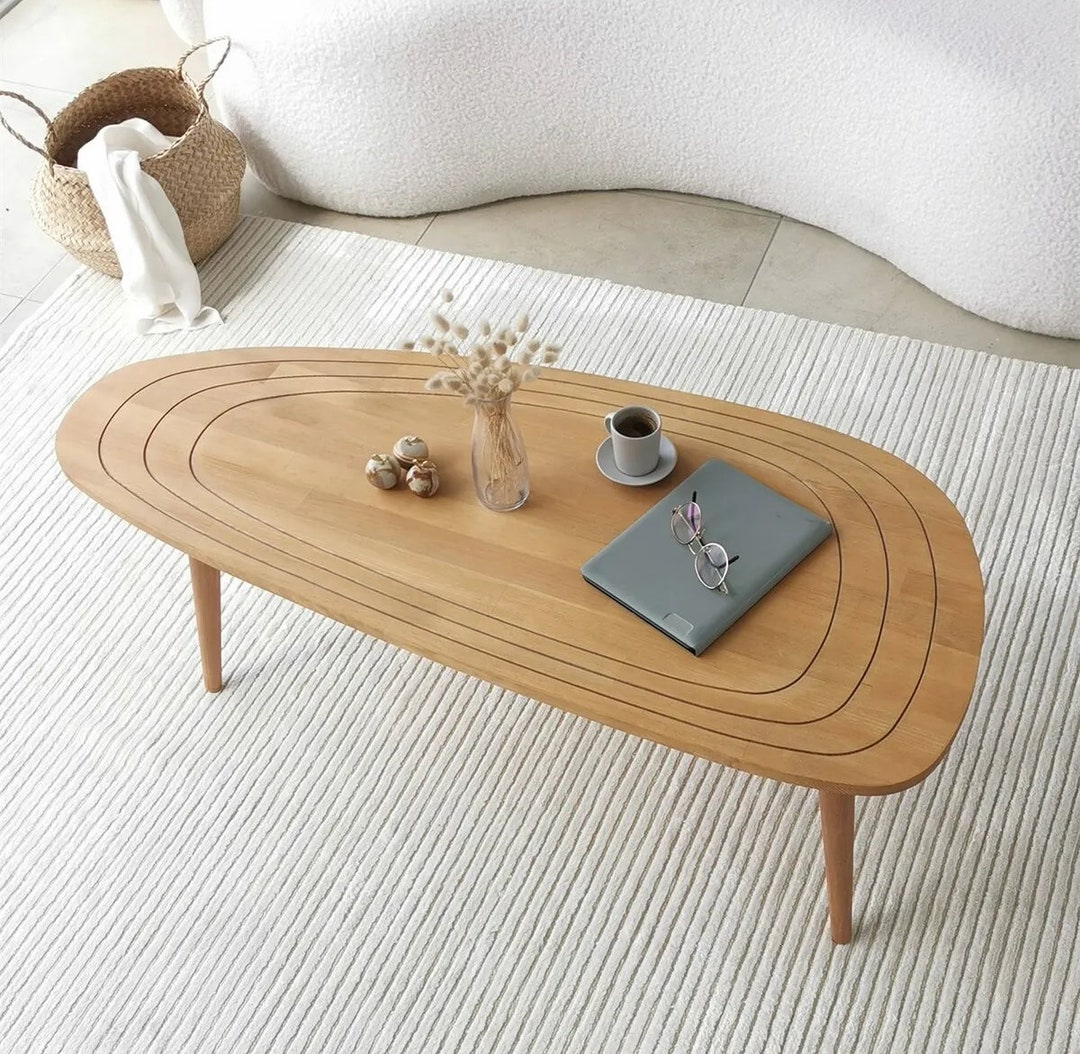 Wooden Large Coffee Table, Mid Century Center Table, Oval Coffee Table