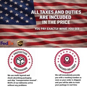 May include: Image with the American flag and text: "ALL TAXES AND DUTIES ARE INCLUDED IN THE PRICE." FedEx and UPS logos are present. Seals indicate protective packaging and tracked delivery.