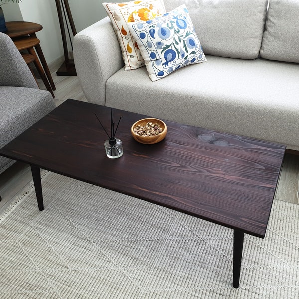 Wooden Coffee Table, Center Table with Dark Brown Finish, Minimalist Rectangular Table, Solid Wood Table, Living Room Furniture