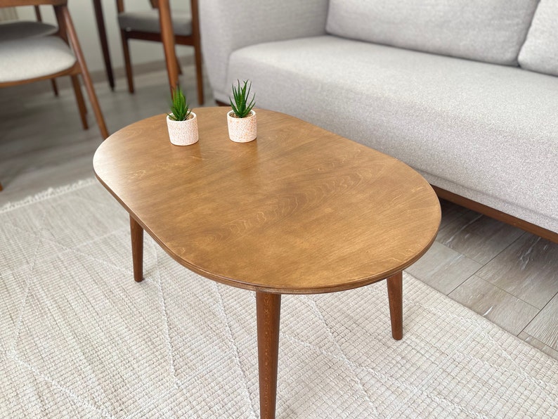 Walnut Color Modern Wooden Small Coffee Table, Oval Coffee Table, Mid