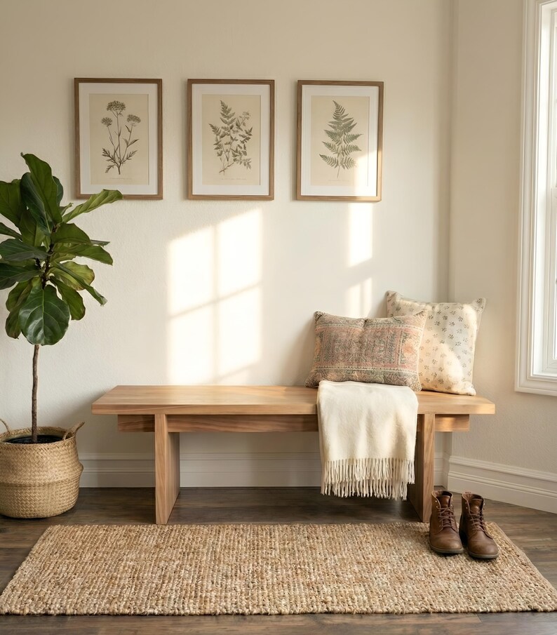 May include: A light wood bench with a cream-colored throw blanket, decorative pillows, and brown leather boots. Three framed botanical prints hang above the bench. A large potted plant and a woven rug complete the cozy interior scene.
