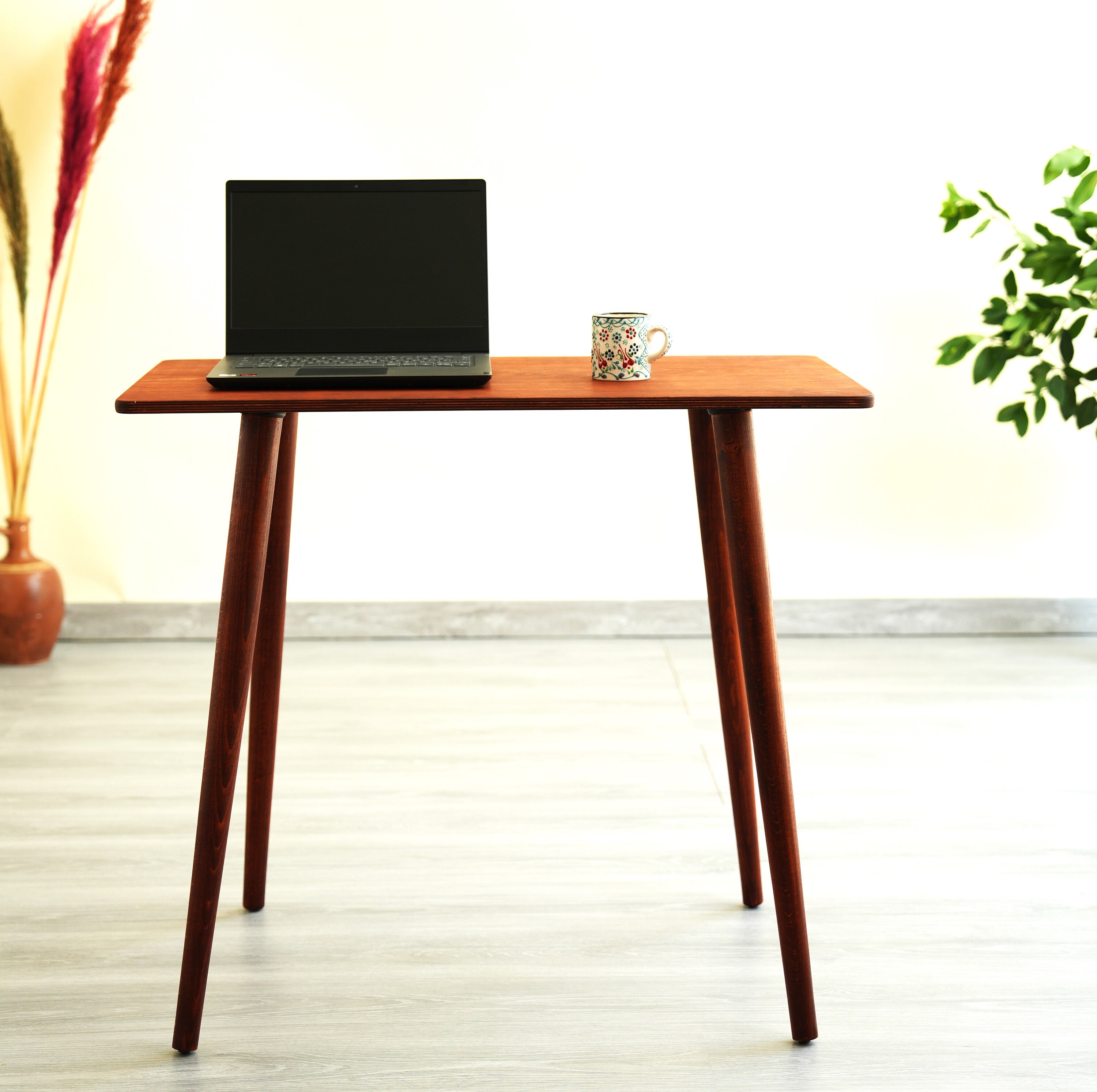 Wooden Rectangle Computer Desk Table, Rustic Laptop Furniture, Narrow ...