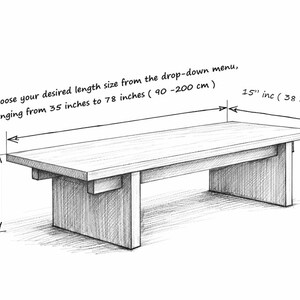May include: A sketch of a rectangular wooden table with dimensions labeled. The table is 15 inches (38 cm) wide and 16 inches (40 cm) high. The length can be chosen from 35 to 78 inches (90-200 cm). Text reads: "Choose your desired length size from the drop-down menu."