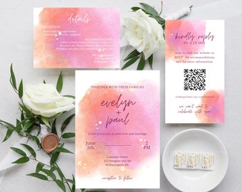 May include: Wedding invitation with watercolor background in shades of pink and orange. The invitation features the names "Evelyn + Paul" in a burgundy script font. The date is June 5th at 2 PM. The location is Lakeside Estate, 123 Bougher Hill Rd, Williamsport, PA. The invitation also includes a RSVP card with a QR code and the text "kindly reply by May 3rd".