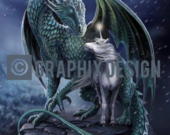 Diseño de sublimación PNG de dragón y unicornio