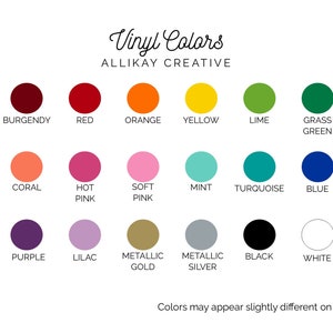 Puede incluir: Un gr&aacute;fico que muestra los colores de vinilo disponibles para comprar. Los colores incluyen burdeos, rojo, naranja, amarillo, lima, verde hierba, coral, rosa fuerte, rosa claro, menta, turquesa, azul, morado, lila, dorado met&aacute;lico, plateado met&aacute;lico, negro y blanco.