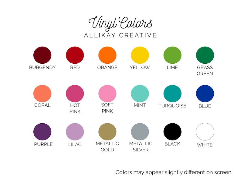 Puede incluir: Un gr&aacute;fico que muestra los colores de vinilo disponibles para comprar. Los colores incluyen burdeos, rojo, naranja, amarillo, lima, verde hierba, coral, rosa fuerte, rosa claro, menta, turquesa, azul, morado, lila, dorado met&aacute;lico, plateado met&aacute;lico, negro y blanco.