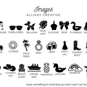Puede incluir: Ilustraciones en blanco y negro de varios objetos, incluyendo una copa de champ&aacute;n, gafas de sol, un globo, una hoja de palma, un cupcake, un lazo, un flamenco, un velero, una pi&ntilde;ata, una flor, palmeras, un anillo, jarras de cerveza, un gorro de fiesta, una bota de vaquero, un bikini, un cactus, un sombrero de vaquero, una silla de playa, un crucero, una pi&ntilde;a, un unicornio, un arco&iacute;ris y una estrella de mar. El texto "Images" y "ALLIKAY CREATIVE" est&aacute; en la parte superior de la imagen. El texto "&iquest;Tienes algo en mente que no veas? &iexcl;Hazmelo saber!" est&aacute; en la parte inferior de la imagen.