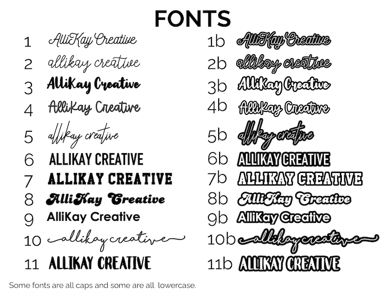 Puede incluir: Un fondo blanco con texto negro que muestra diferentes estilos de fuente de la frase "Allikay Creative". El texto se muestra en may&uacute;sculas, min&uacute;sculas y una combinaci&oacute;n de ambas. El texto est&aacute; en diferentes tama&ntilde;os y estilos, incluyendo negrita, cursiva y cursiva.