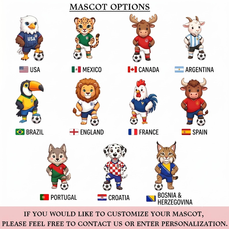 May include: A chart titled MASCOT OPTIONS displaying eleven cartoon animals in soccer uniforms, each with a soccer ball. Countries include USA, Mexico, Canada, Argentina, Brazil, England, France, Spain, Portugal, Croatia, and Bosnia & Herzegovina.