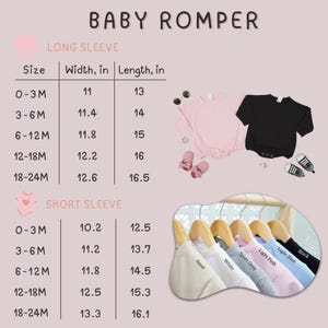 May include: A product image featuring baby rompers in various colors, including sand, white, sport grey, light pink, light blue, and black. The image also includes a size chart with measurements in inches for both long and short sleeve rompers. The text "BABY ROMPER" is at the top.
