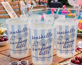 Personalized Seashells and Wedding Bells Plastic Cup, Seashell Bachelorette Cup, Coastal Bachelorette Drinkware, Beach Club Stripes Cup