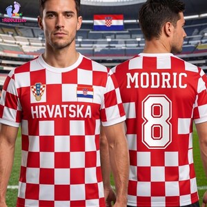 May include: A red and white chequered football shirt featuring the text HRVATSKA on the front, the name MODRIC, and the number 8 on the back. The shirt includes a small Croatian flag emblem and a team crest on the chest area with short sleeves.