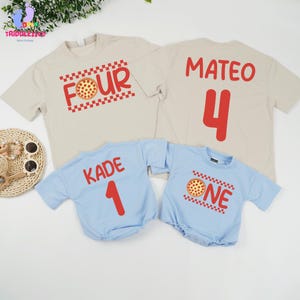 Personalized Four Pizza Birthday Baby Outfit, Customized Birthday Number Romper, Pizza Birthday Theme, Custom Pizza Name Baby Bodysuit