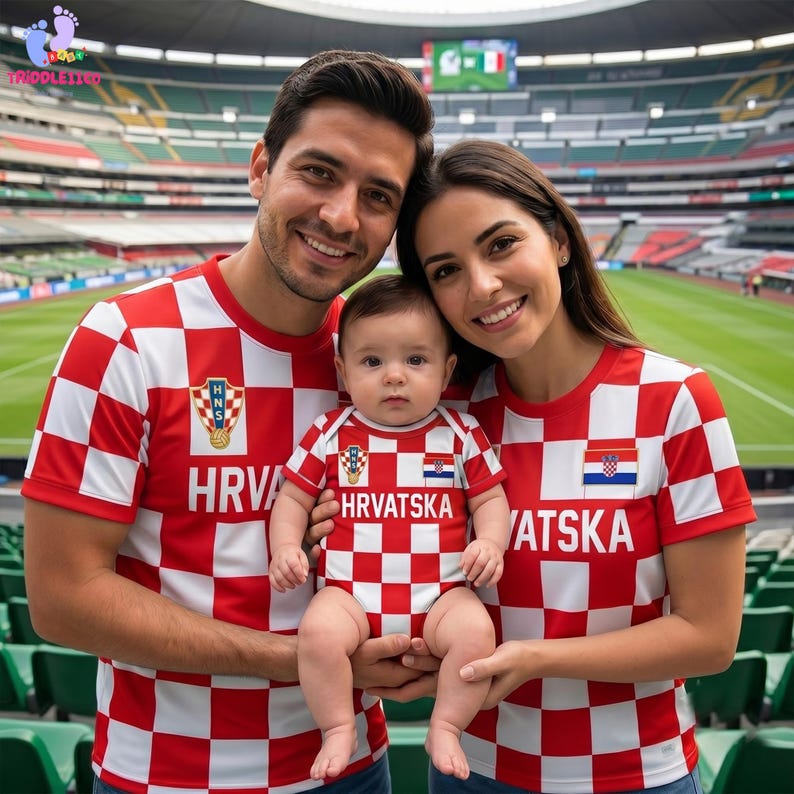 May include: A family of three wearing matching red and white chequered shirts with the text HRVATSKA and the Croatian national emblem. The shirts feature a bold red and white square pattern, short sleeves, and round necklines, worn in a stadium.