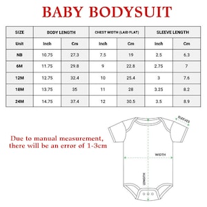 May include: A sizing chart for a baby bodysuit with the title BABY BODYSUIT in red text. The table lists sizes from NB to 24M with body length, chest width, and sleeve length in inches and cm. A diagram shows measurement points on a bodysuit.