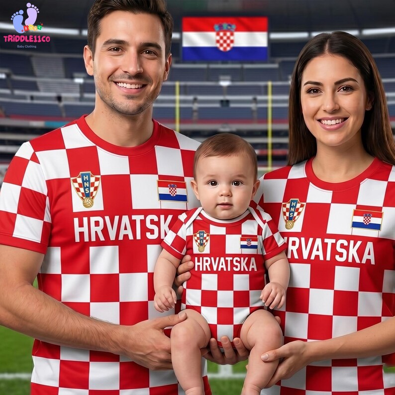 May include: A matching set of red and white chequered shirts and a baby bodysuit featuring the Croatian national emblem, the text HRVATSKA, and a small Croatian flag. The garments display a consistent red and white square pattern throughout.